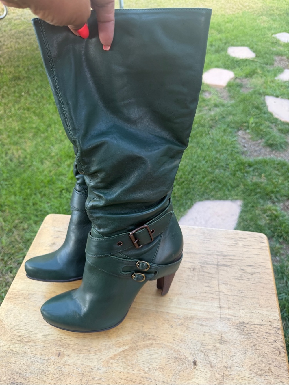 Bronx Green Leather Boots with Red Suede Lining - Picture 2 of 8
